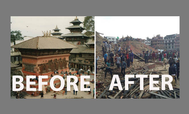 Durbar Square, a plaza in front of the old royal palace of the former Kathmandu Kingdom, is thoroughly damaged in the earthquake. Collected photo